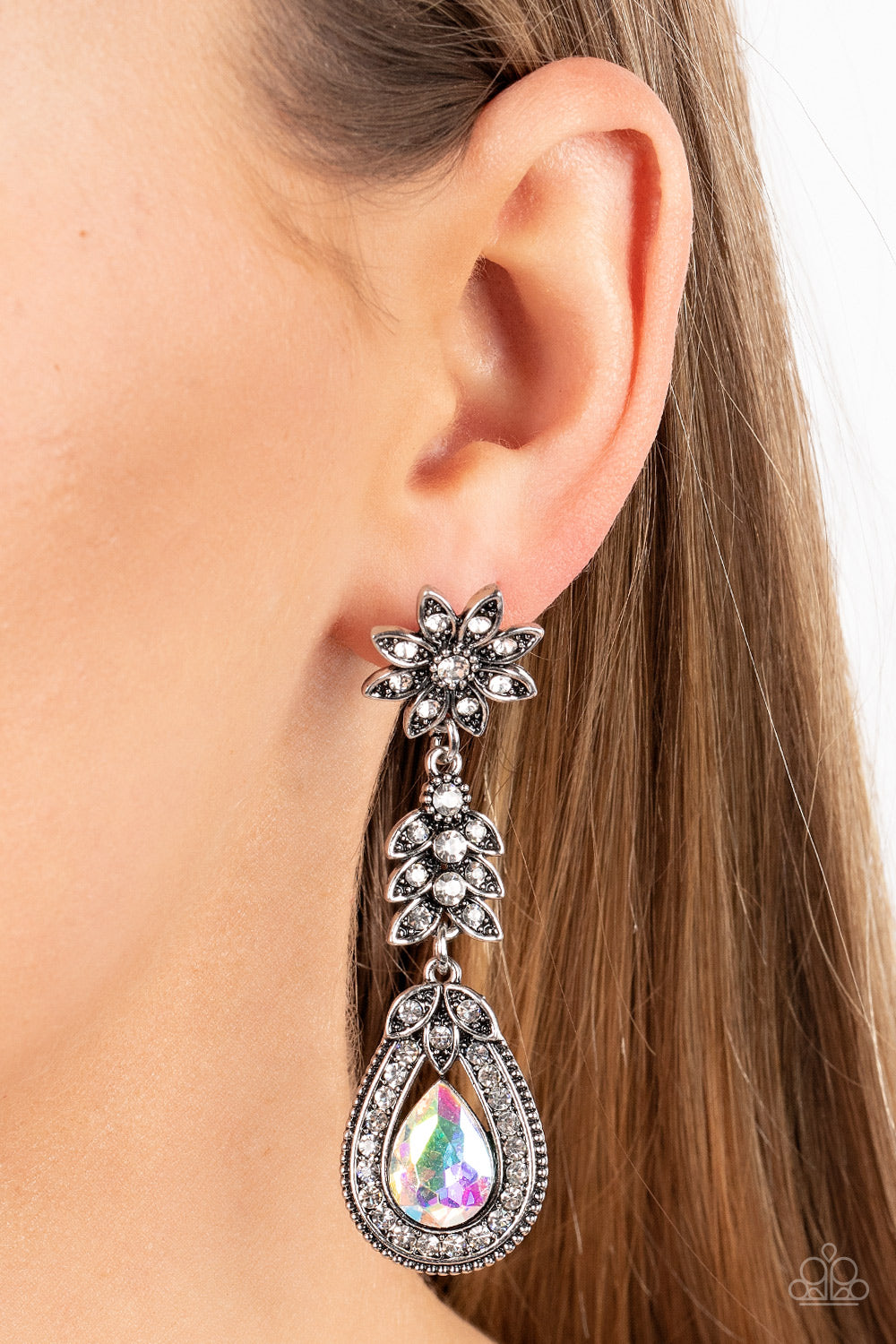 Floral Fantasy - Multi Iridescent White Rhinestone Teardrop Silver Flower Teardrop Earring Paparazzi E0771