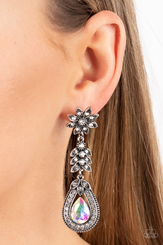 Floral Fantasy - Multi Iridescent White Rhinestone Teardrop Silver Flower Teardrop Earring Paparazzi E0771