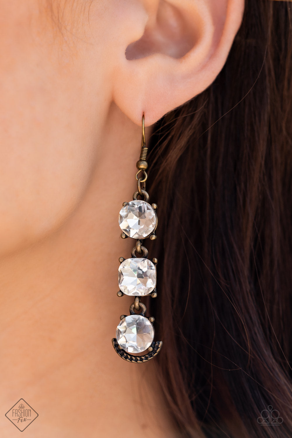 Determined to Dazzle - Brass White Rhinestone Earring May 2022 Fashion Fix Paparazzi E0689