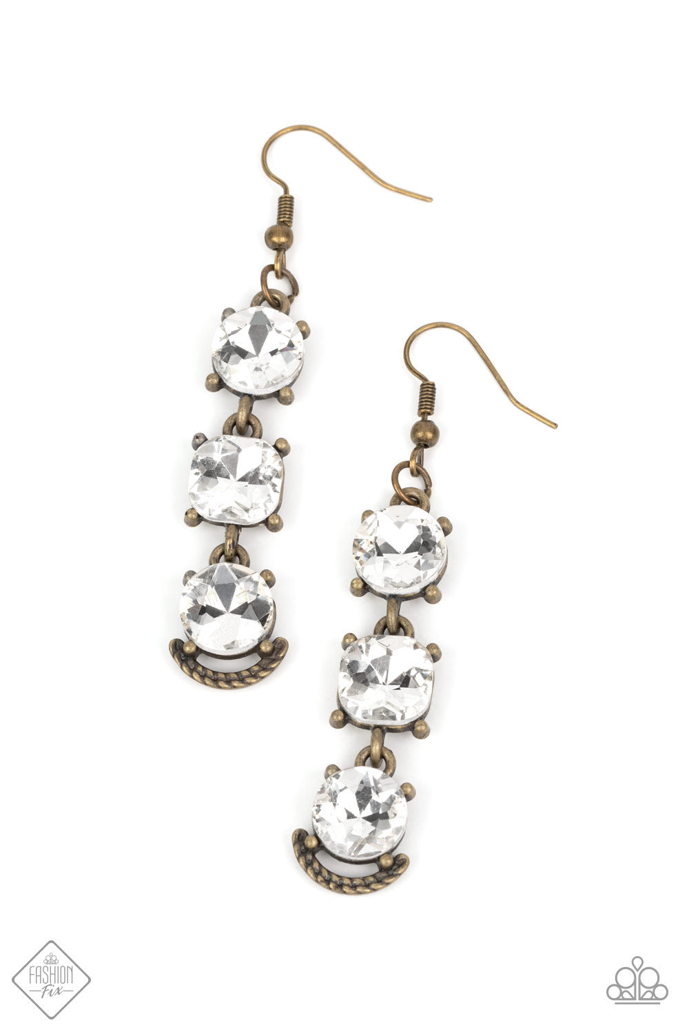 Determined to Dazzle - Brass White Rhinestone Earring May 2022 Fashion Fix Paparazzi E0689