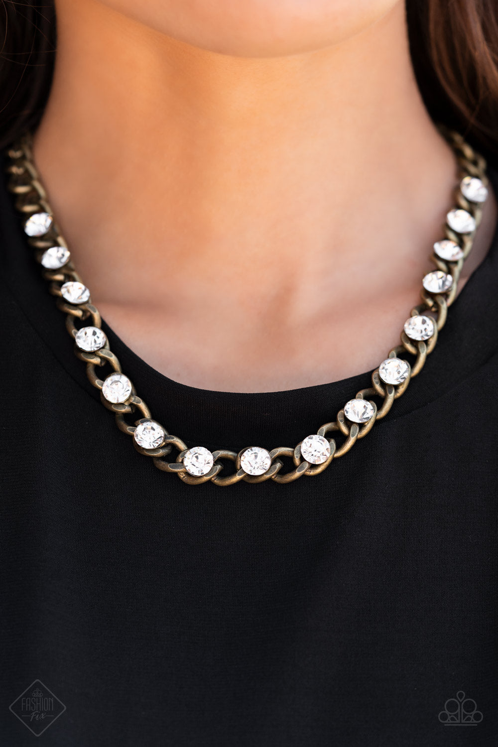 Major Moxie - Brass White Rhinestone Necklace May 2022 Fashion Fix Paparazzi N0889