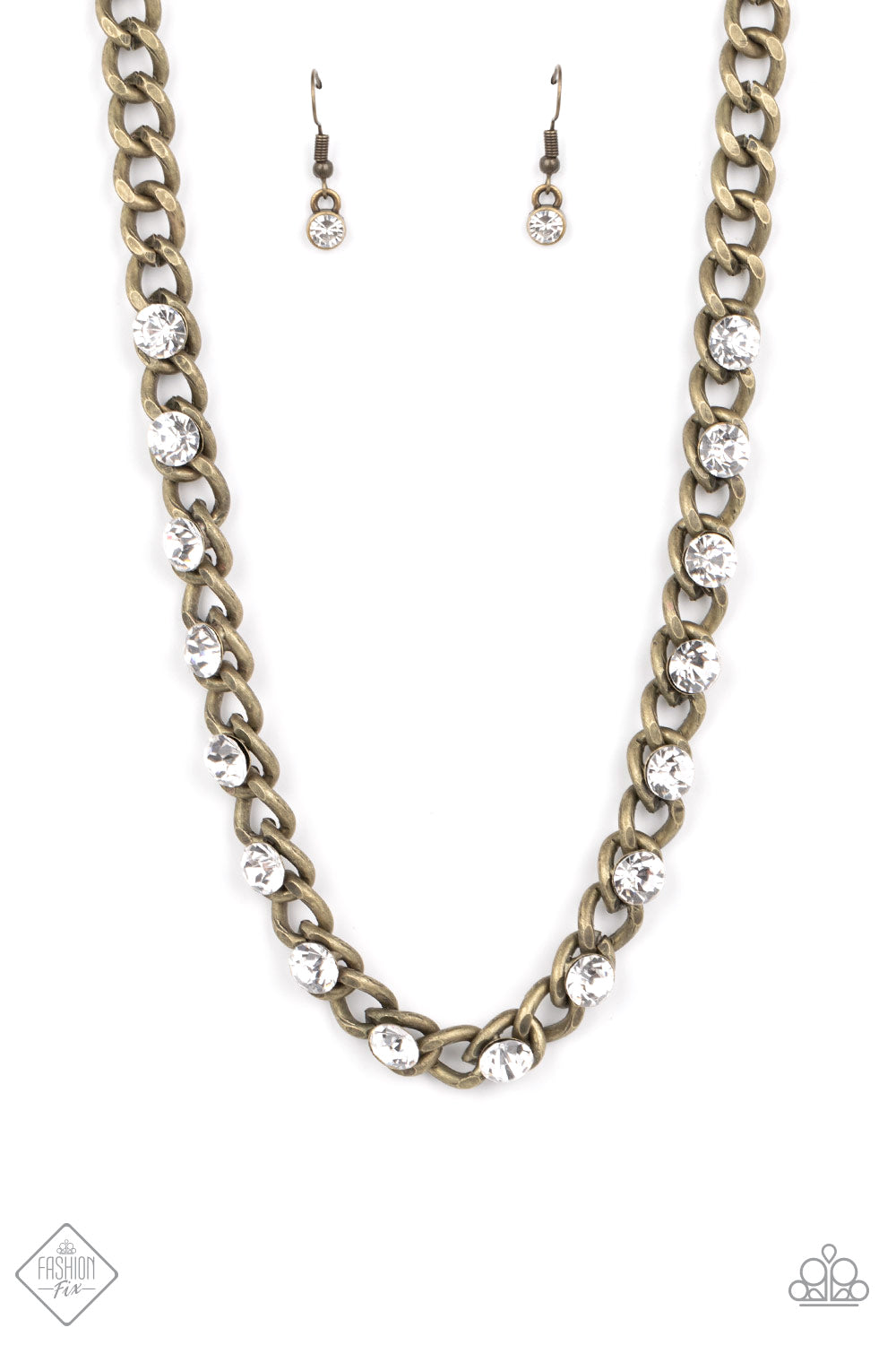 Major Moxie - Brass White Rhinestone Necklace May 2022 Fashion Fix Paparazzi N0889