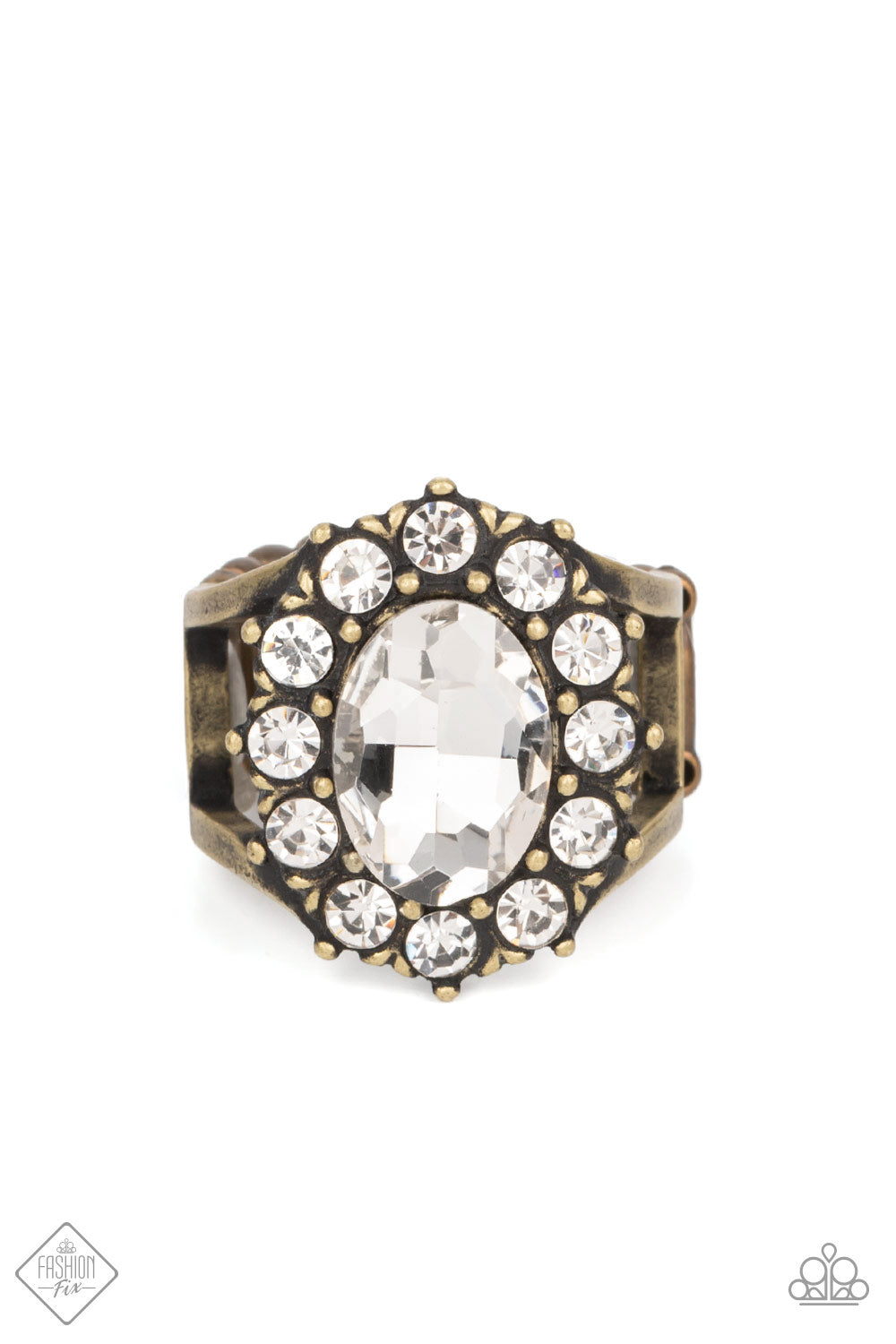 Moxie Magic - Brass White Rhinestone Ring May 2022 Fashion Fix Paparazzi R0280