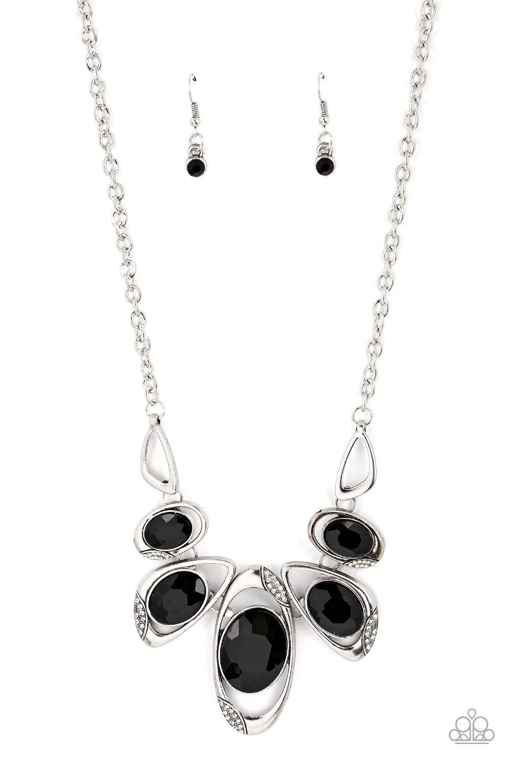 Hypnotic Twinkle - Black Gem White Rhinestone Silver Necklace Paparazzi N2260