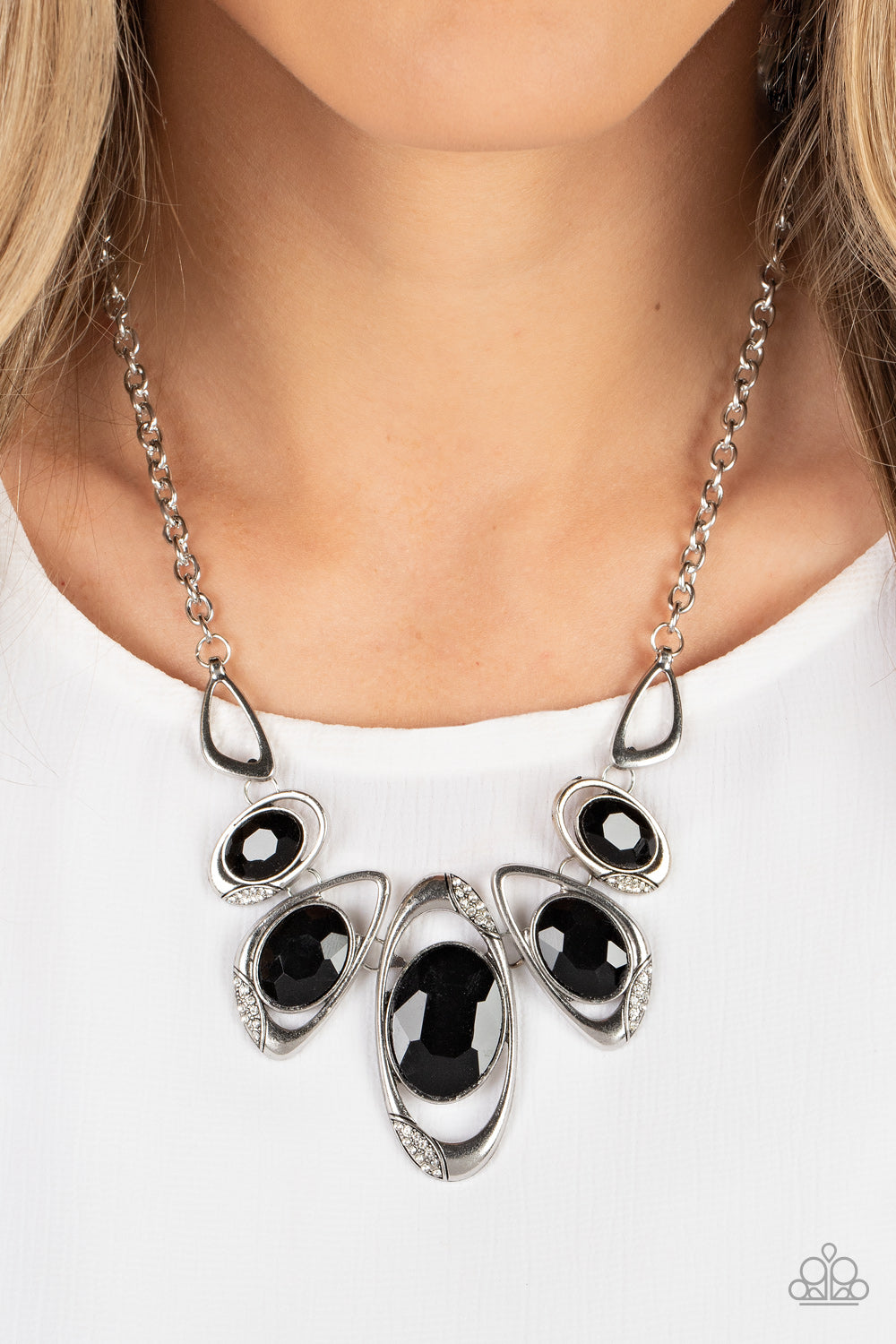 Hypnotic Twinkle - Black Gem White Rhinestone Silver Necklace Paparazzi N2260