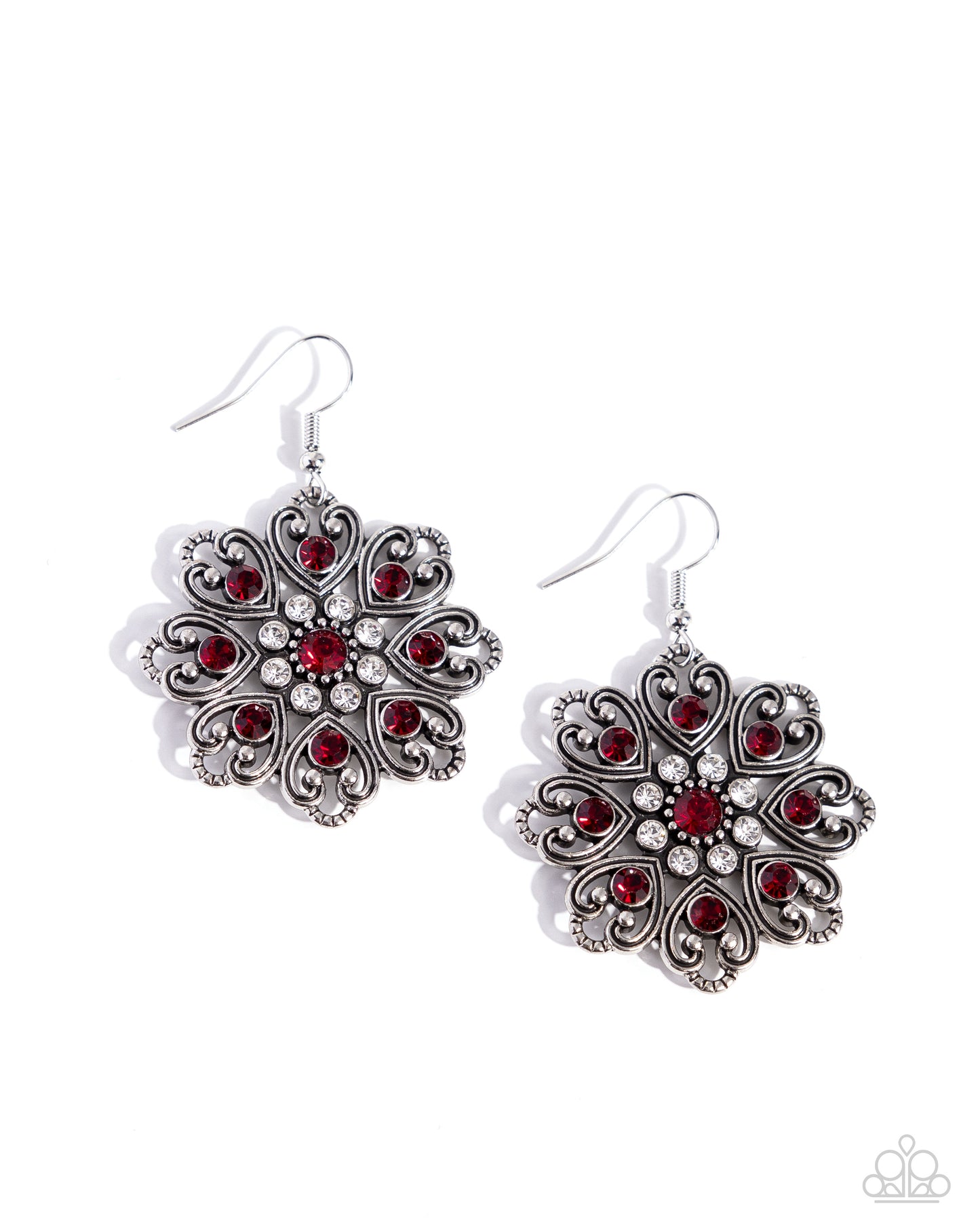 Garden of Love - Red Rhinestone Silver Heart Petal Flower Earring Paparazzi E1994