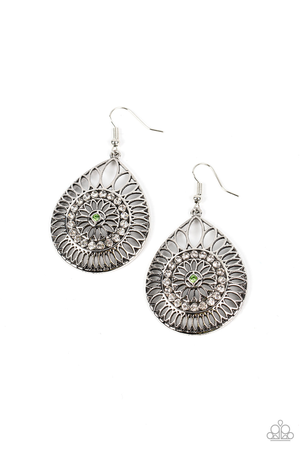 Summer Sojourn - Green And White Rhinestone Silver Flower Earring Paparazzi E0807