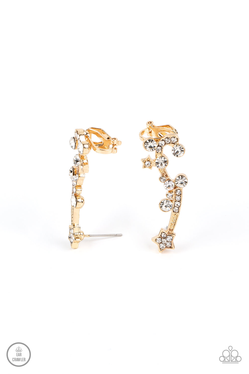 Astral Anthem - Gold White Rhinestone Star Ear Crawler Earring Paparazzi E1143