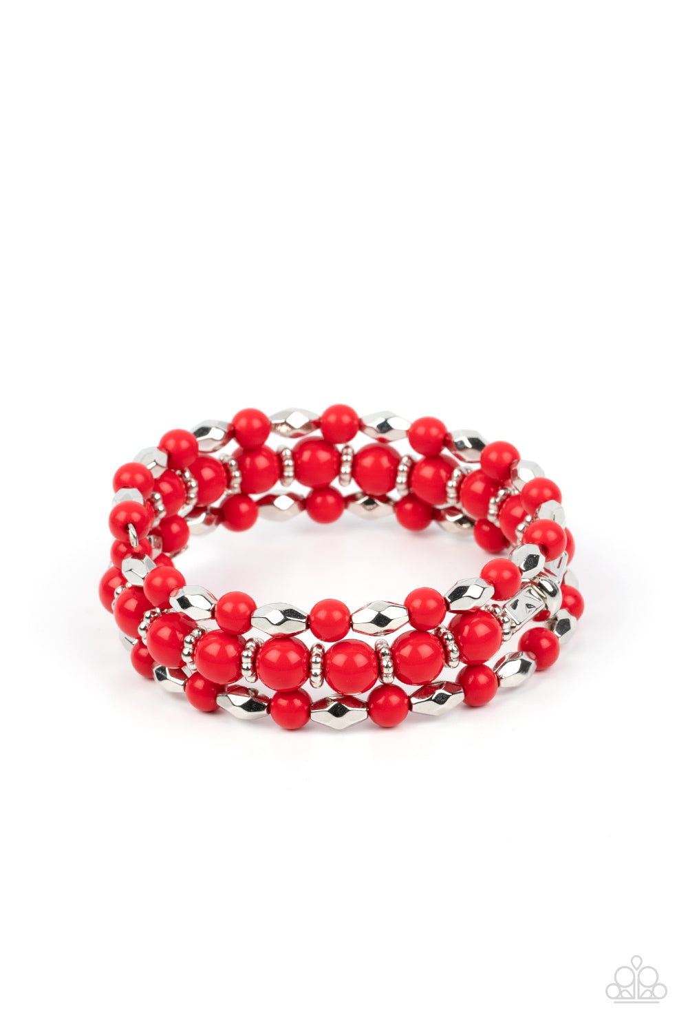 Colorfully Coiled - Red & Silver Bead Coil Bracelet Paparazzi B0883