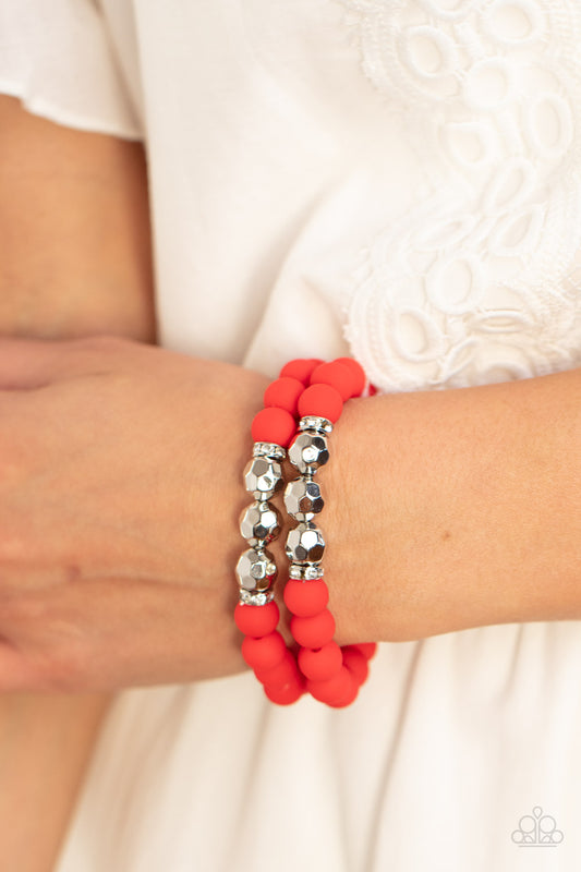 Dip and Dive - Red Poinciana & Silver Bead Stretch Bracelet Paparazzi B1041