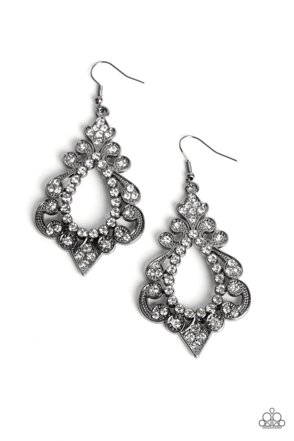 Fit for a DIVA - Black Gunmetal White Rhinestone Filigree Earring Paparazzi E1521