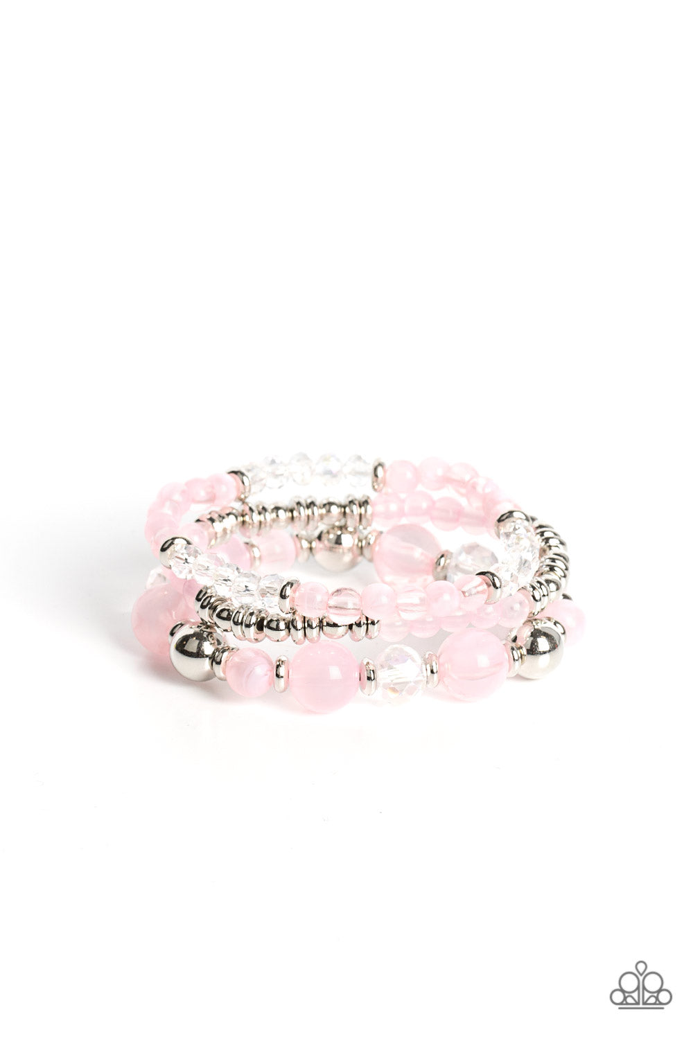 Shoreside Stroll - Pink Opaque Gossamer & White Crystal like Stretch Bracelet Paparazzi B0868