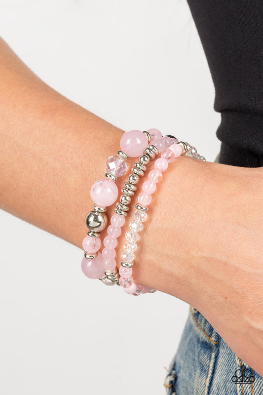 Shoreside Stroll - Pink Opaque Gossamer & White Crystal like Stretch Bracelet Paparazzi B0868