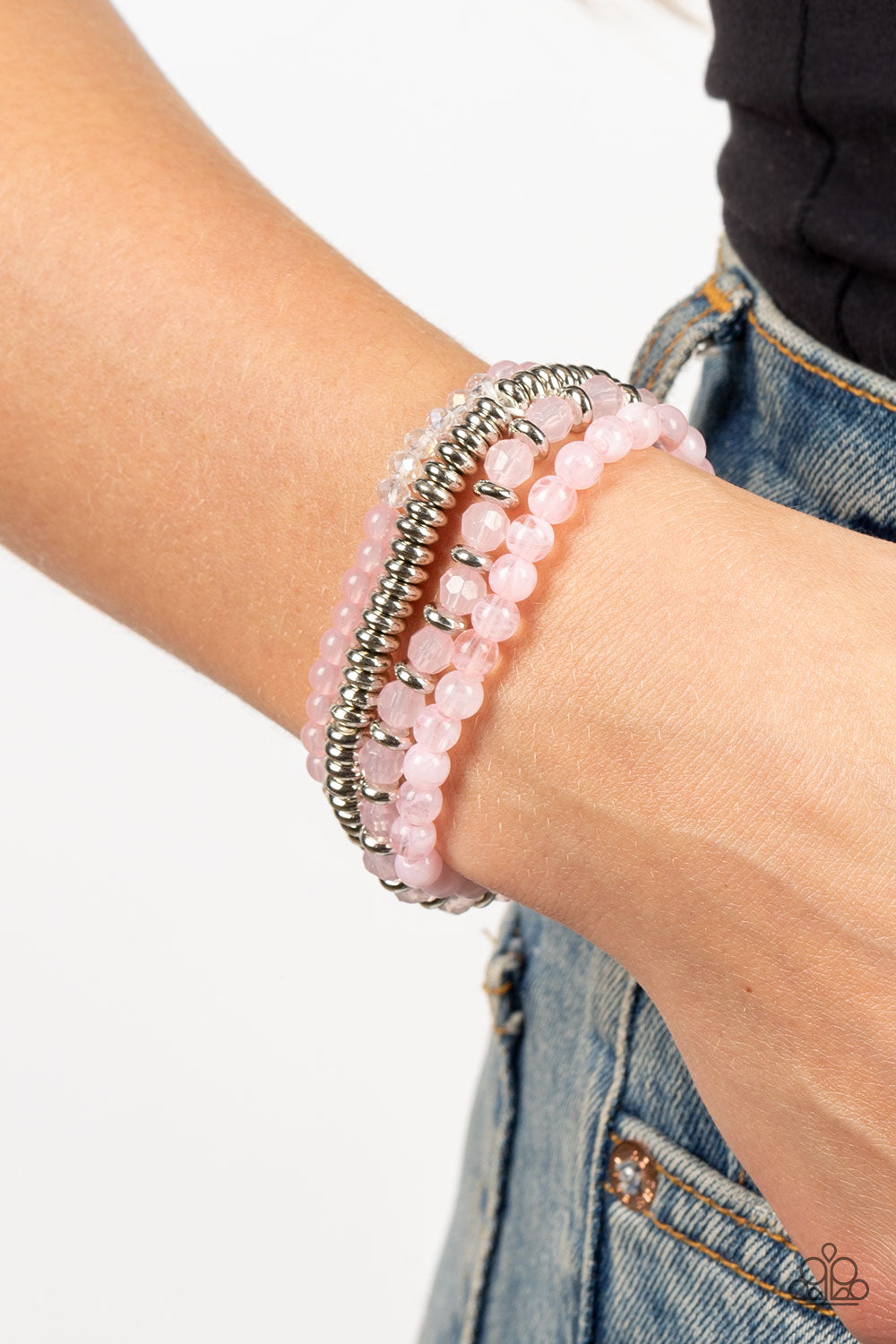 Destination Dreamscape - Pink Gossamer And Silver Bead Stretch Bracelet Paparazzi B0746