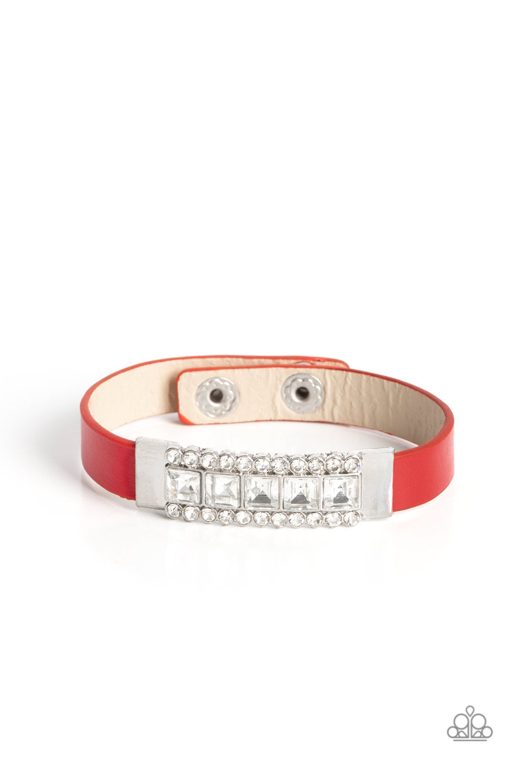 Rebel Reputation - Red Leather & White Rhinestone Bracelet Paparazzi B0808