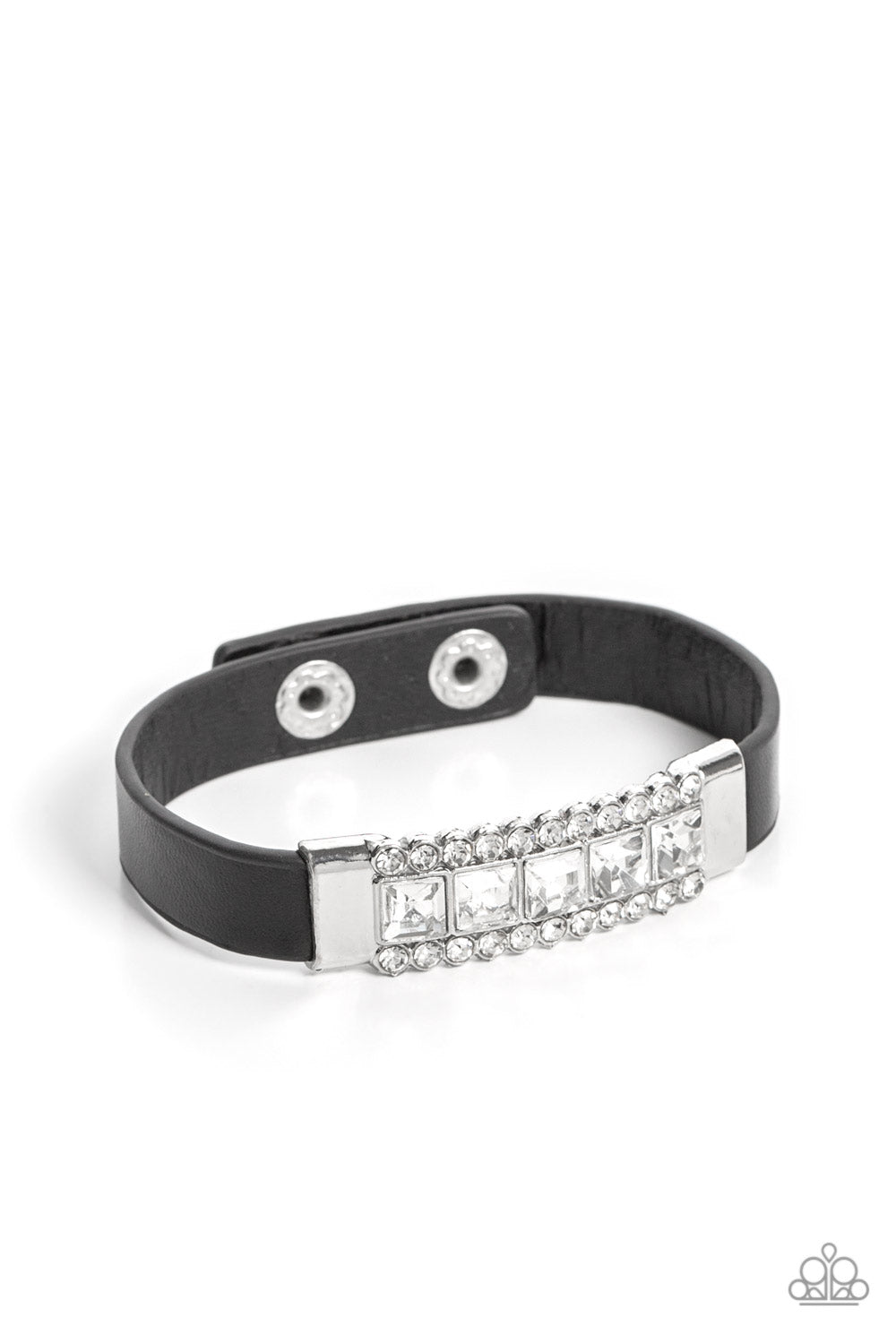 Rebel Reputation - Black Leather Band White Rhinestone Snap Bracelet Paparazzi B0784