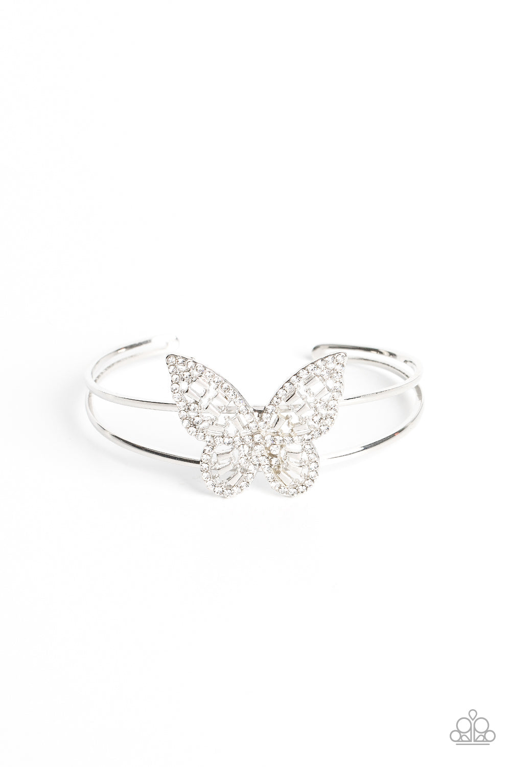 Butterfly Bella - White Rhinestone Butterfly Cuff Bracelet Paparazzi B0602