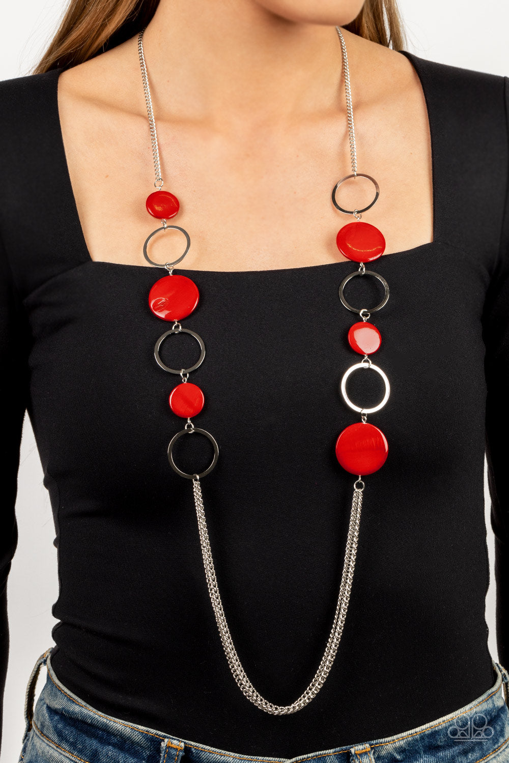 Beach Hub - Red Fiery Shell Like Discs & Silver Chain Necklace Paparazzi N1455