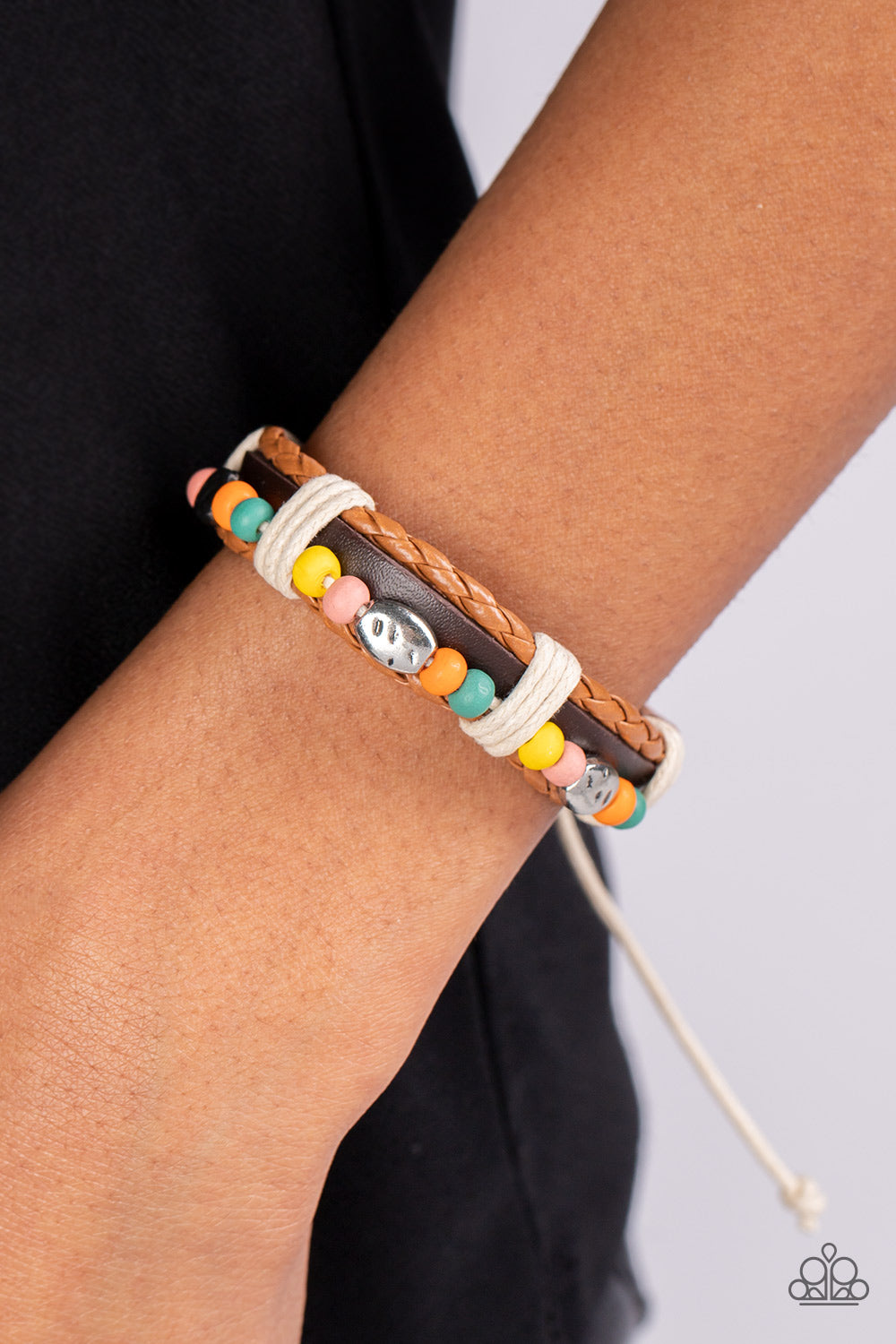 Lodge Luxe - Multicolored Wood Bead, Cord & Leather band Urban Bracelet B0755