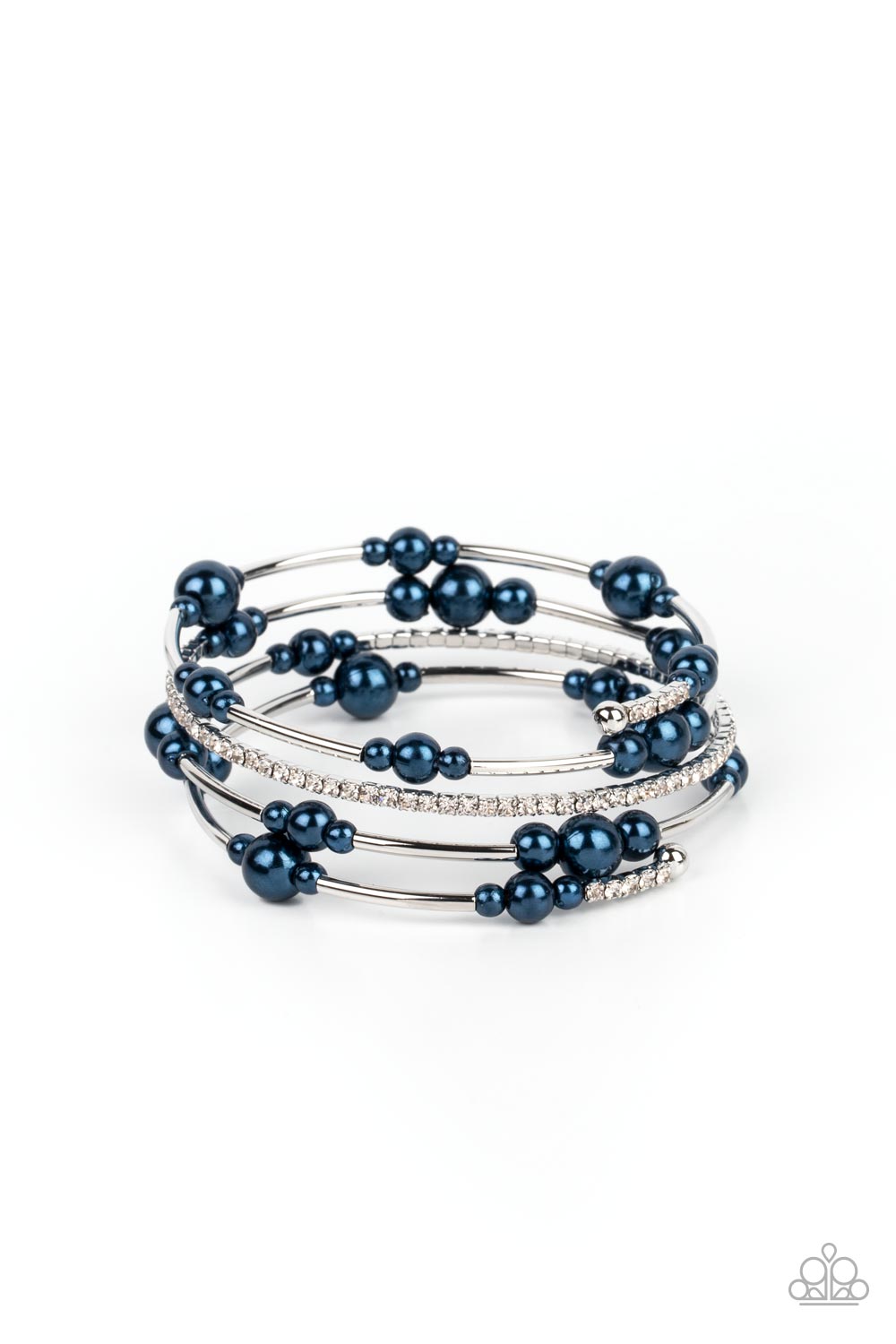 Marina Masterpiece - Blue Pearl, White Rhinestone Silver Coil Bracelet Paparazzi B1097