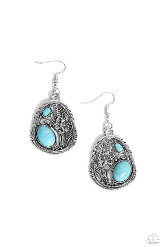 Hibiscus Harvest - Blue Stone & Silver Hibiscus Flower Silver Santa Fe Style Earring Paparazzi E1750