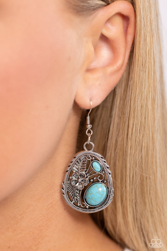 Hibiscus Harvest - Blue Stone & Silver Hibiscus Flower Silver Santa Fe Style Earring Paparazzi E1750