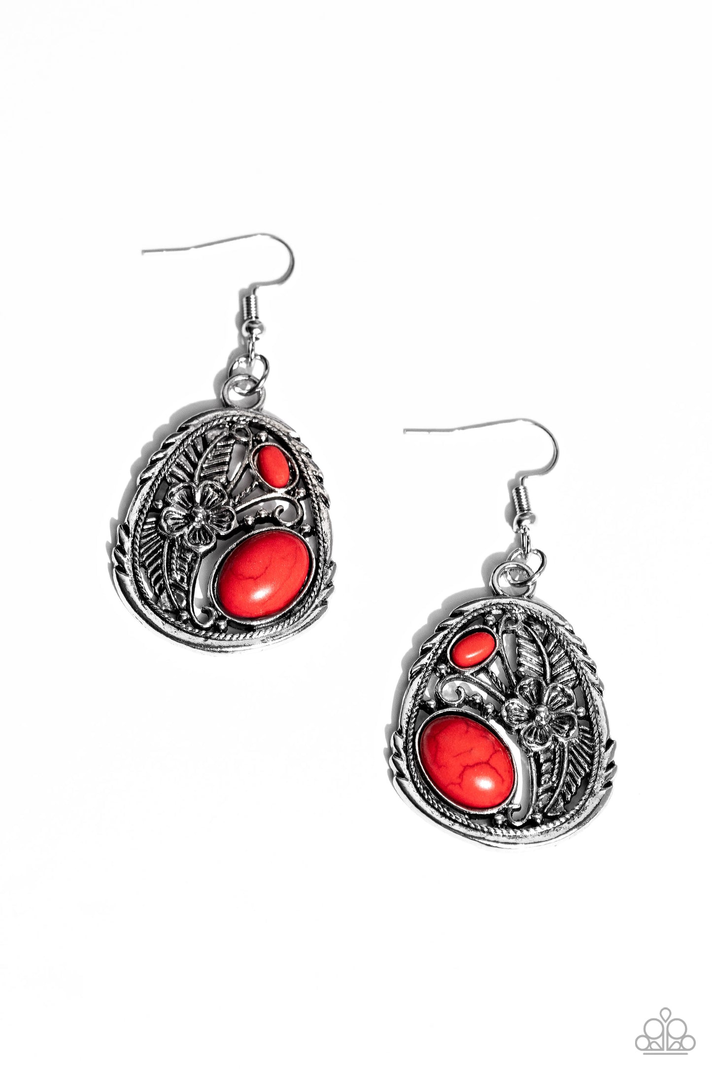 Hibiscus Harvest - Red Stone & Silver Hibiscus Flower Santa Fe Style Earring Paparazzi E1740