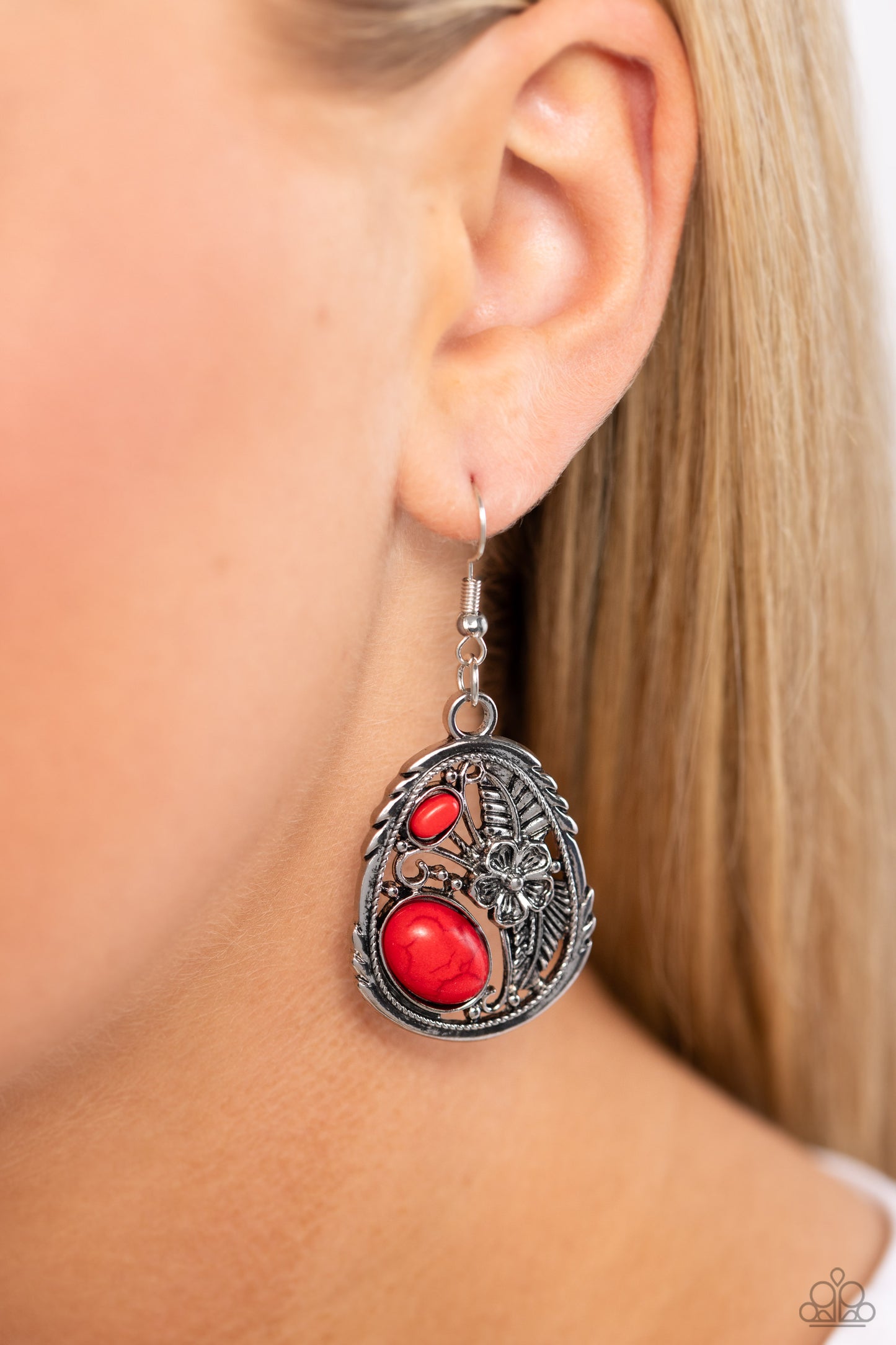 Hibiscus Harvest - Red Stone & Silver Hibiscus Flower Santa Fe Style Earring Paparazzi E1740