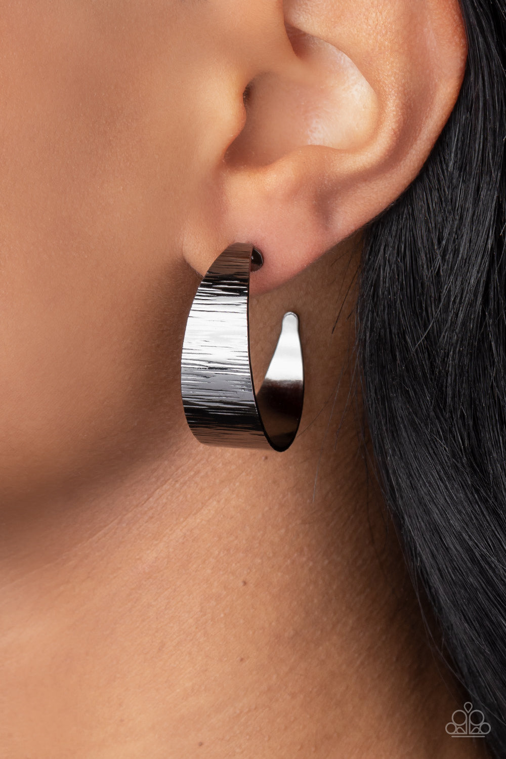 Lecture on Texture - Black Gunmetal Linear Pattern 1 1/2 Inch Hoop Earring Paparazzi E1755