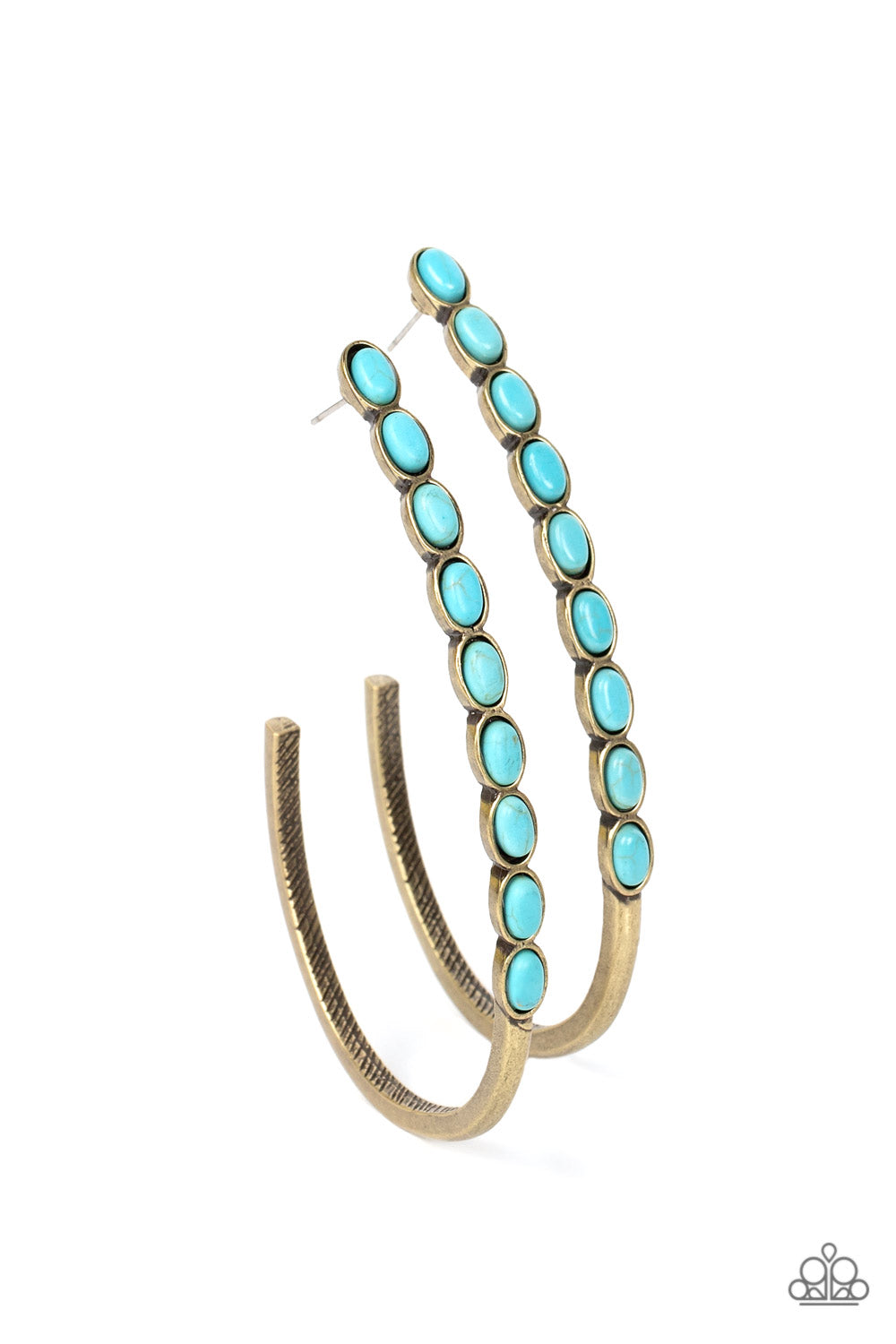 Artisan Soul - Brass Blue Turquoise Stone Santa Fe Style 2 Inch J Hoop Earring Paparazzi E1320