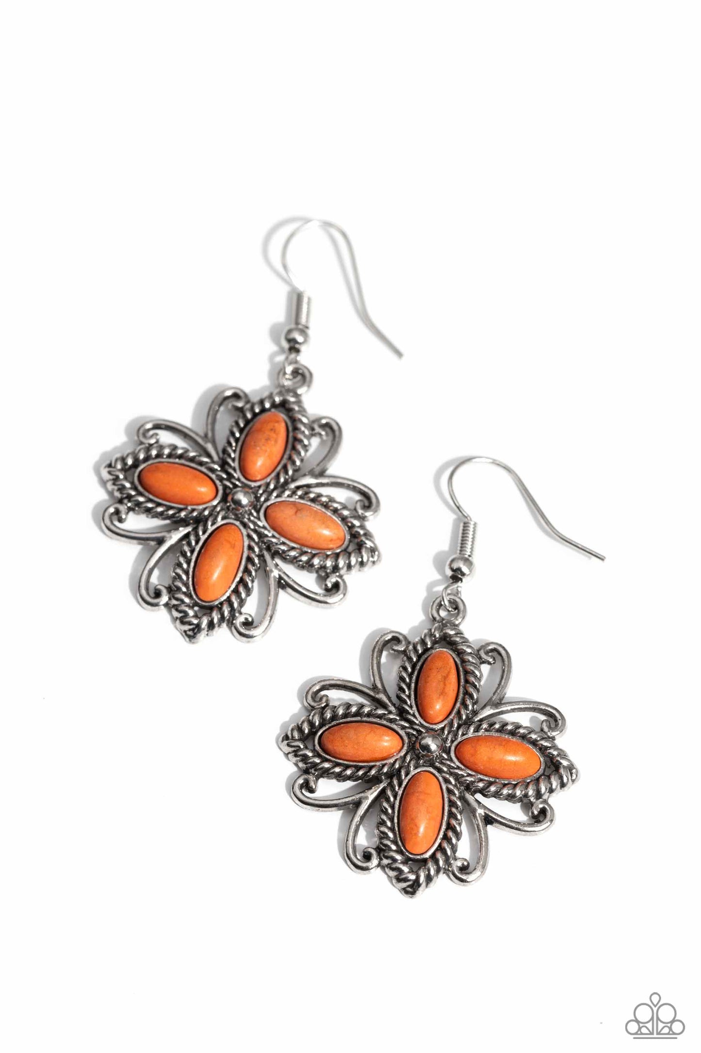 Badlands Ballad - Orange Stone Flower Silver Santa Fe Style Earring Paparazzi E1749