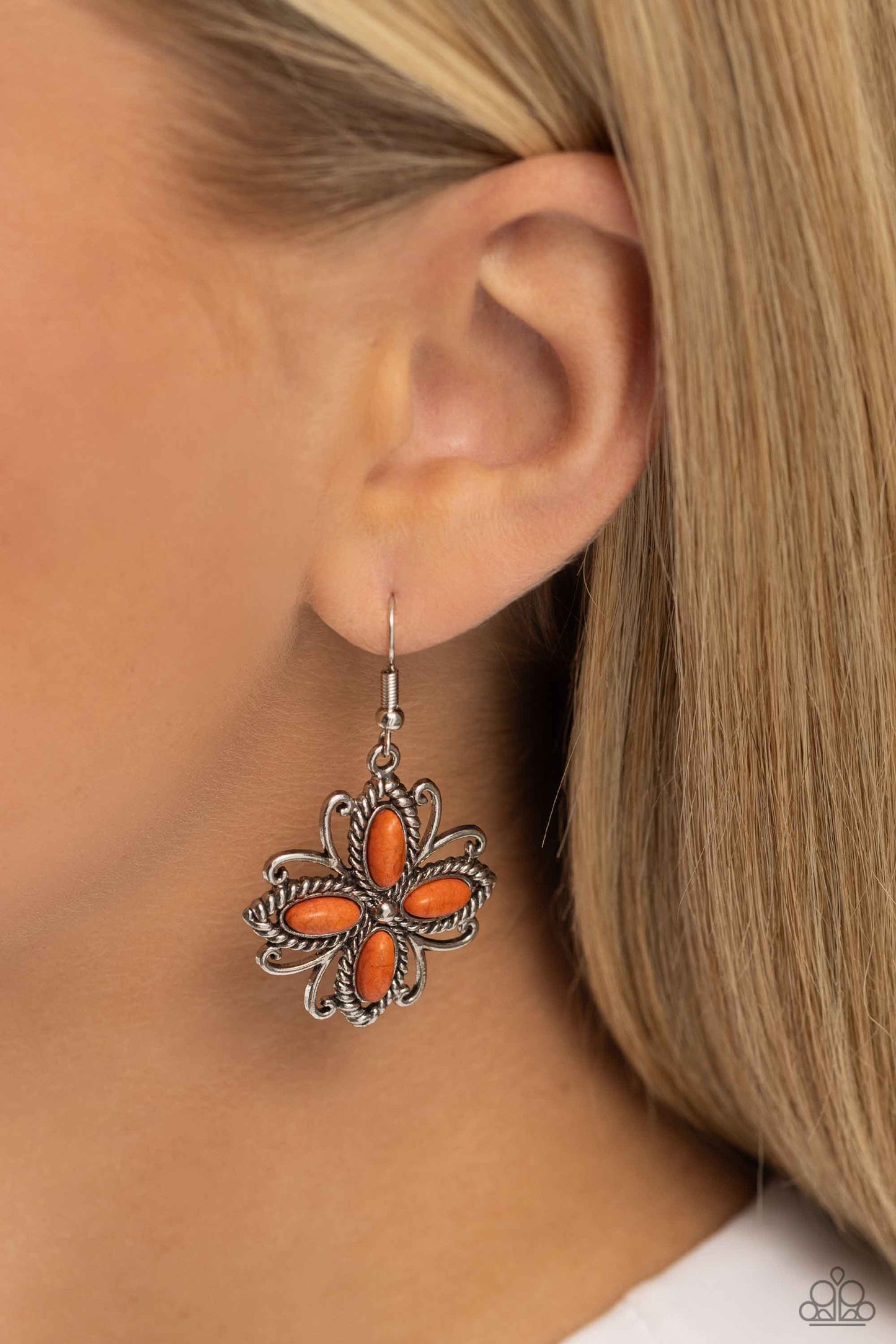 Badlands Ballad - Orange Stone Flower Silver Santa Fe Style Earring Paparazzi E1749