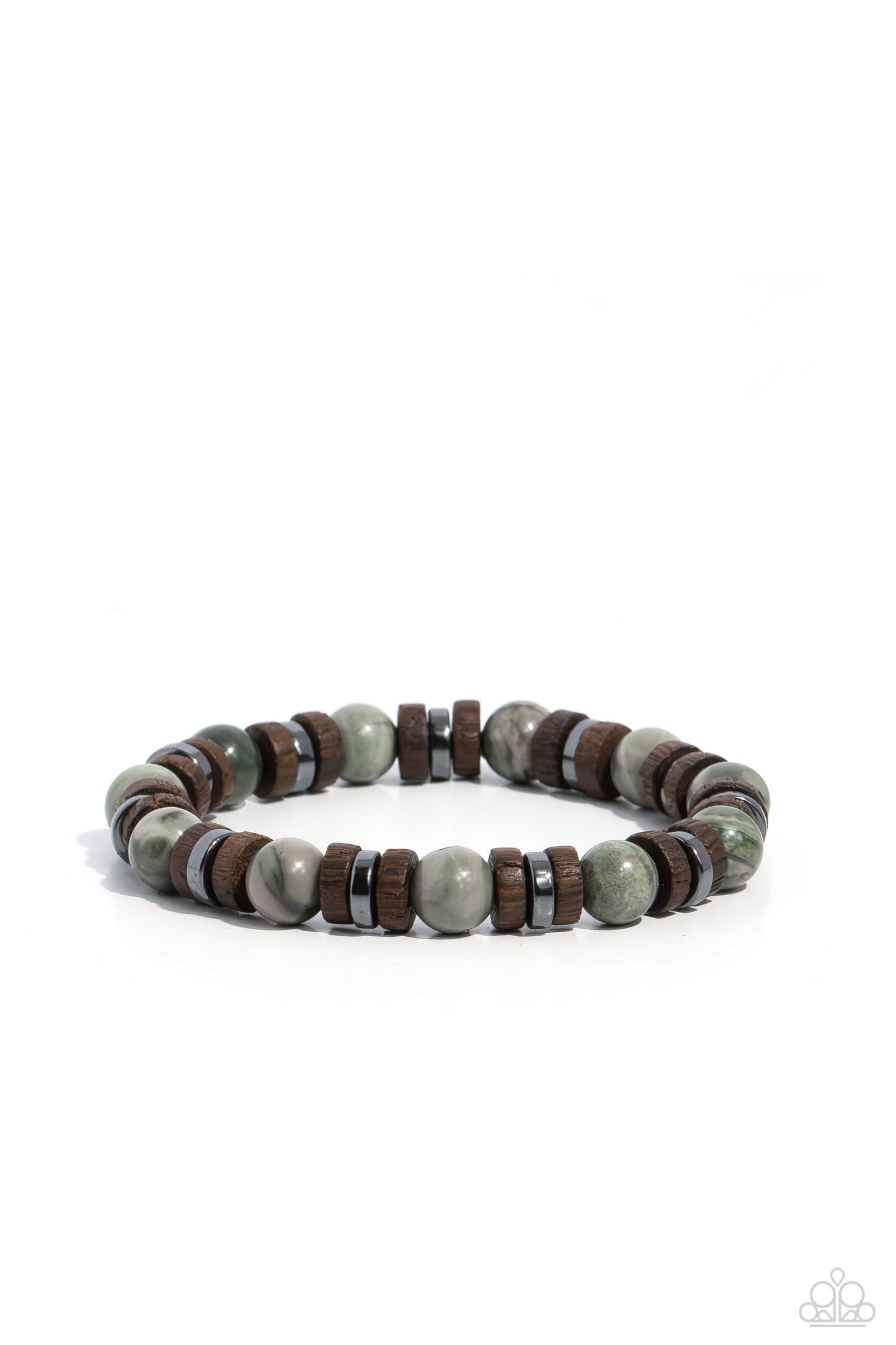 Earthy Empath - Green Stone Bead, Brown Wooden Disc, Gunmetal Accent Urban Stretch Bracelet Paparazzi B1203