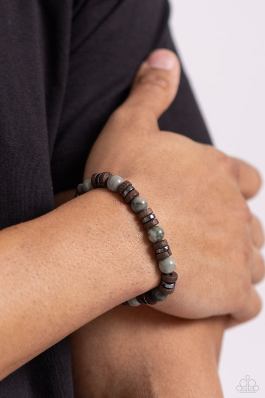 Earthy Empath - Green Stone Bead, Brown Wooden Disc, Gunmetal Accent Urban Stretch Bracelet Paparazzi B1203