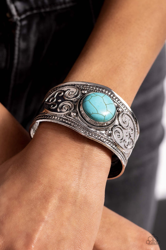 Prairie Romance - Blue Turquoise Stone Silver Filigree Heart Cuff Santa Fe Style Bracelet Paparazzi B1436