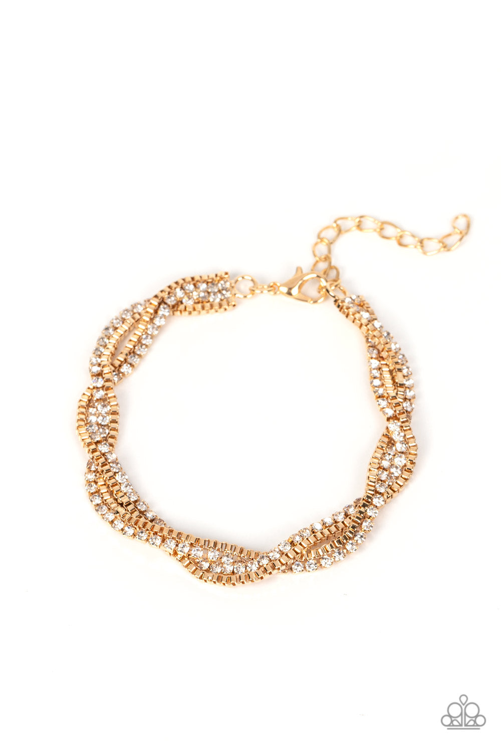 Box Office Bling - Gold White Rhinestone Box Chain Bracelet Paparazzi B0848