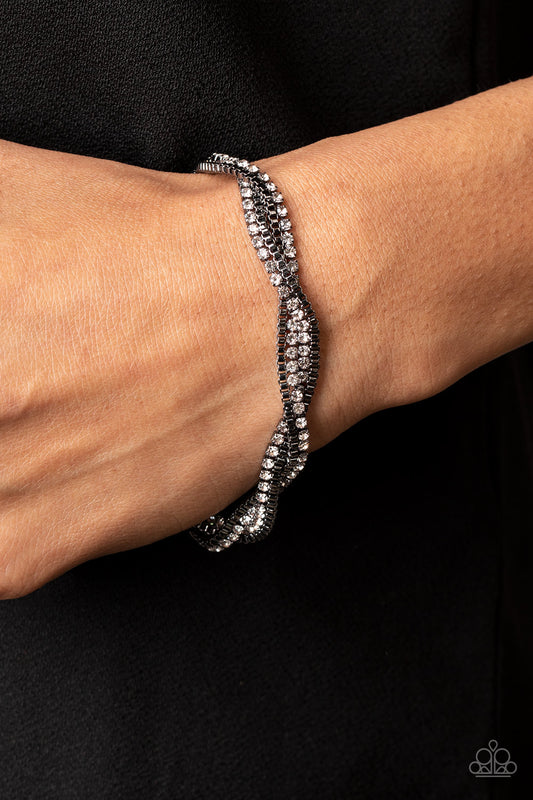 Box Office Bling - Black Gunmetal Box Chain & White Rhinestone Bracelet Paparazzi B0970