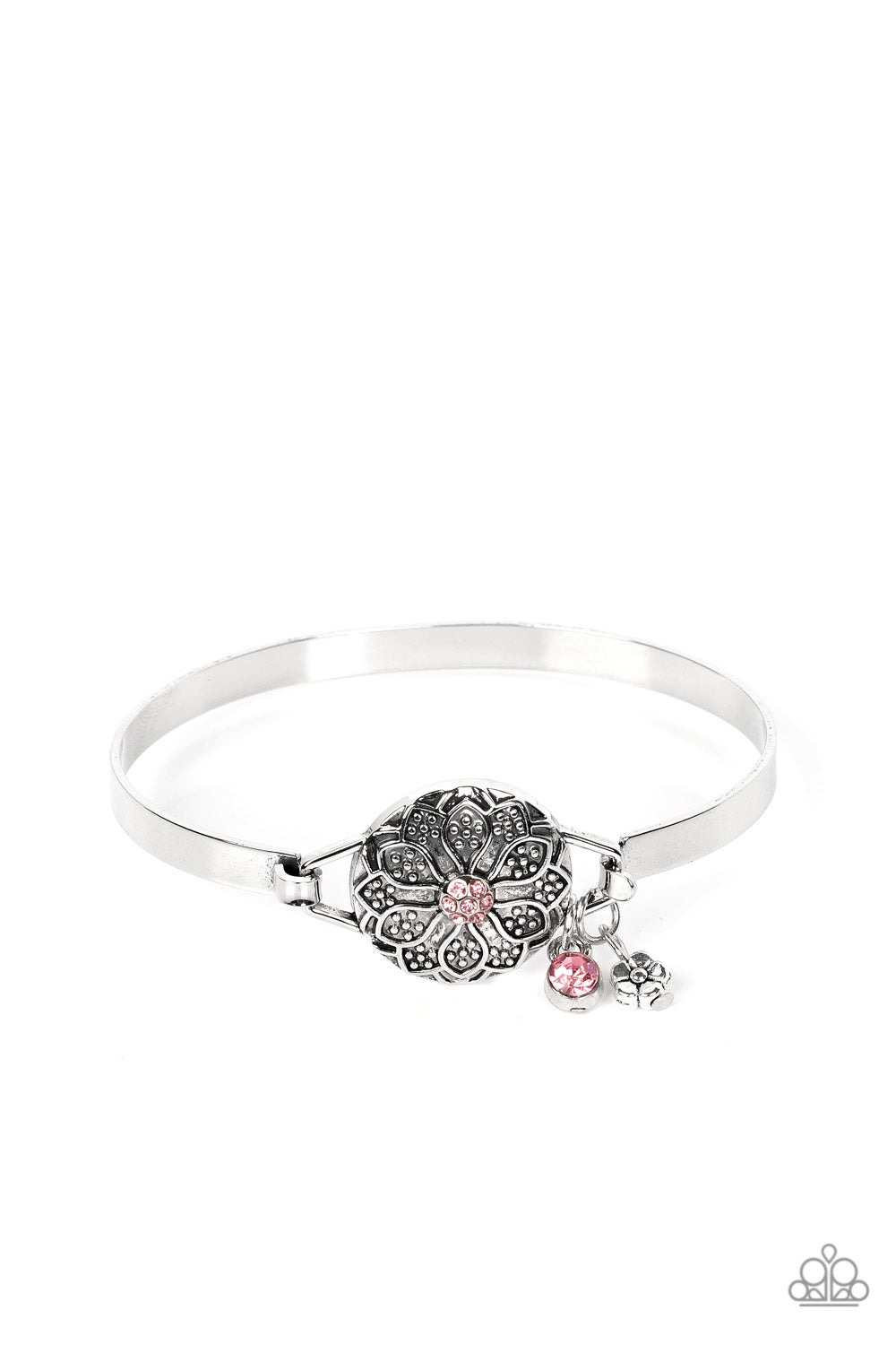 Fleur de Prairie - Pink - Gossamer Pink Rhinestone Floral Hinged Bracelet Paparazzi B1202