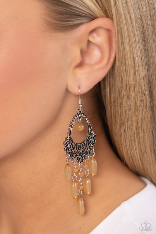 Botanical Escape - Brown Bead Silver Filigree Teardrop Earring Paparazzi E1473