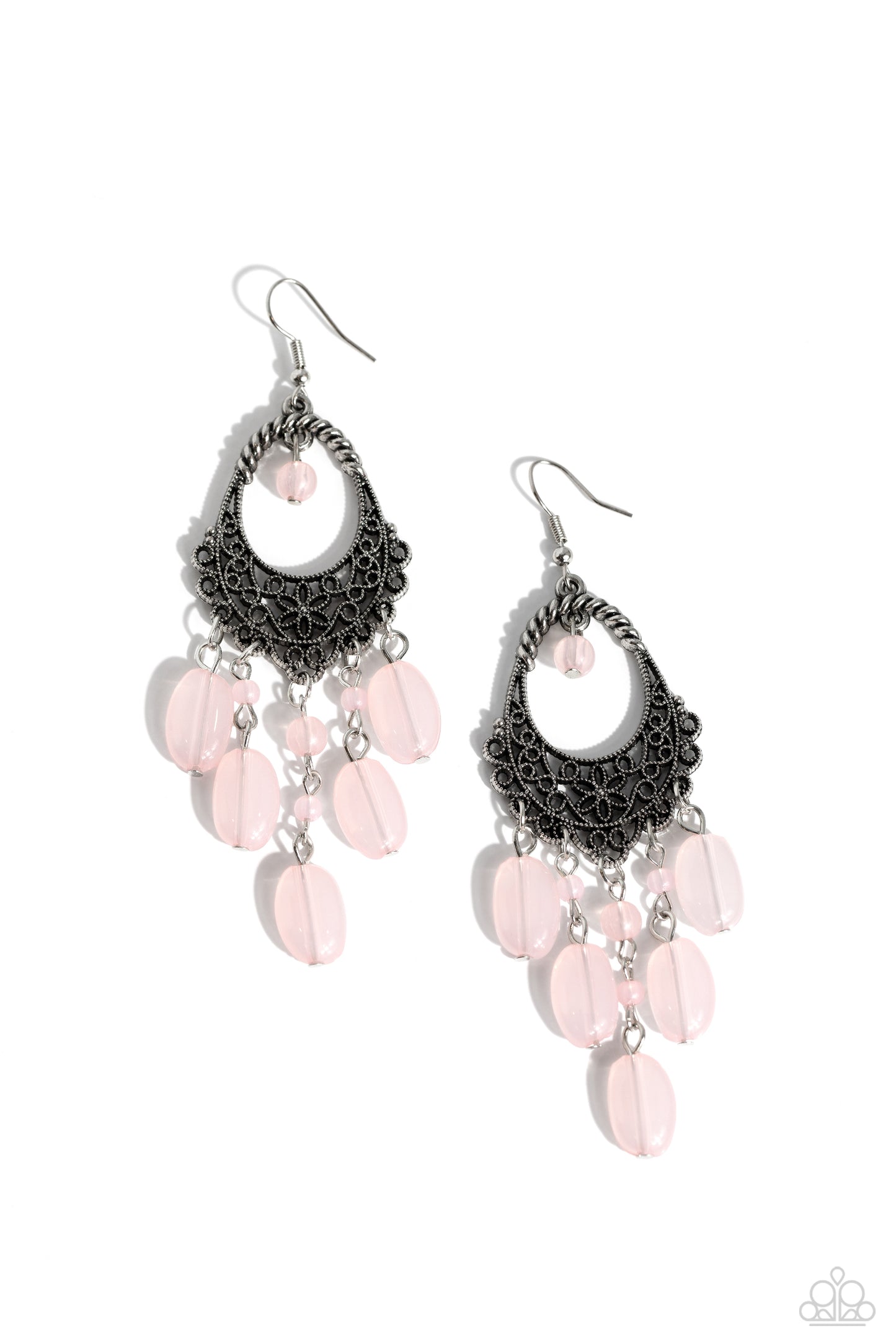 Botanical Escape - Pink Gossamer Bead Silver Filigree Chandelier Earring Paparazzi E1797