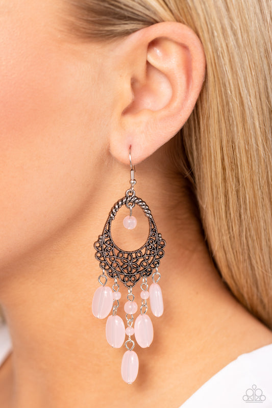 Botanical Escape - Pink Gossamer Bead Silver Filigree Chandelier Earring Paparazzi E1797