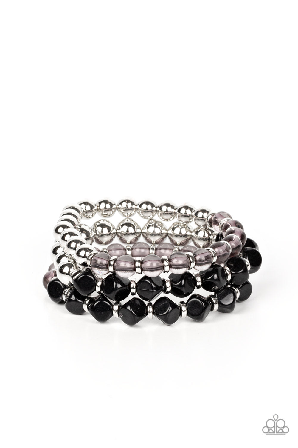 Summer Sabbatical - Black Glassy, Silver Bead & Accents, Stretch Bracelet Set Paparazzi B1326