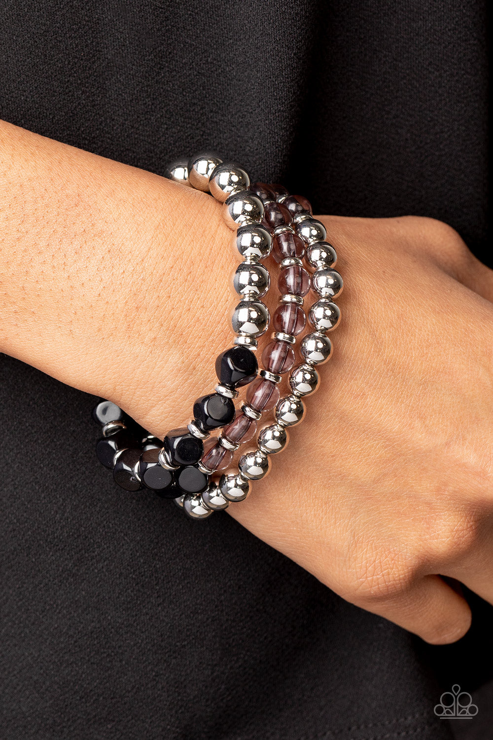 Summer Sabbatical - Black Glassy, Silver Bead & Accents, Stretch Bracelet Set Paparazzi B1326