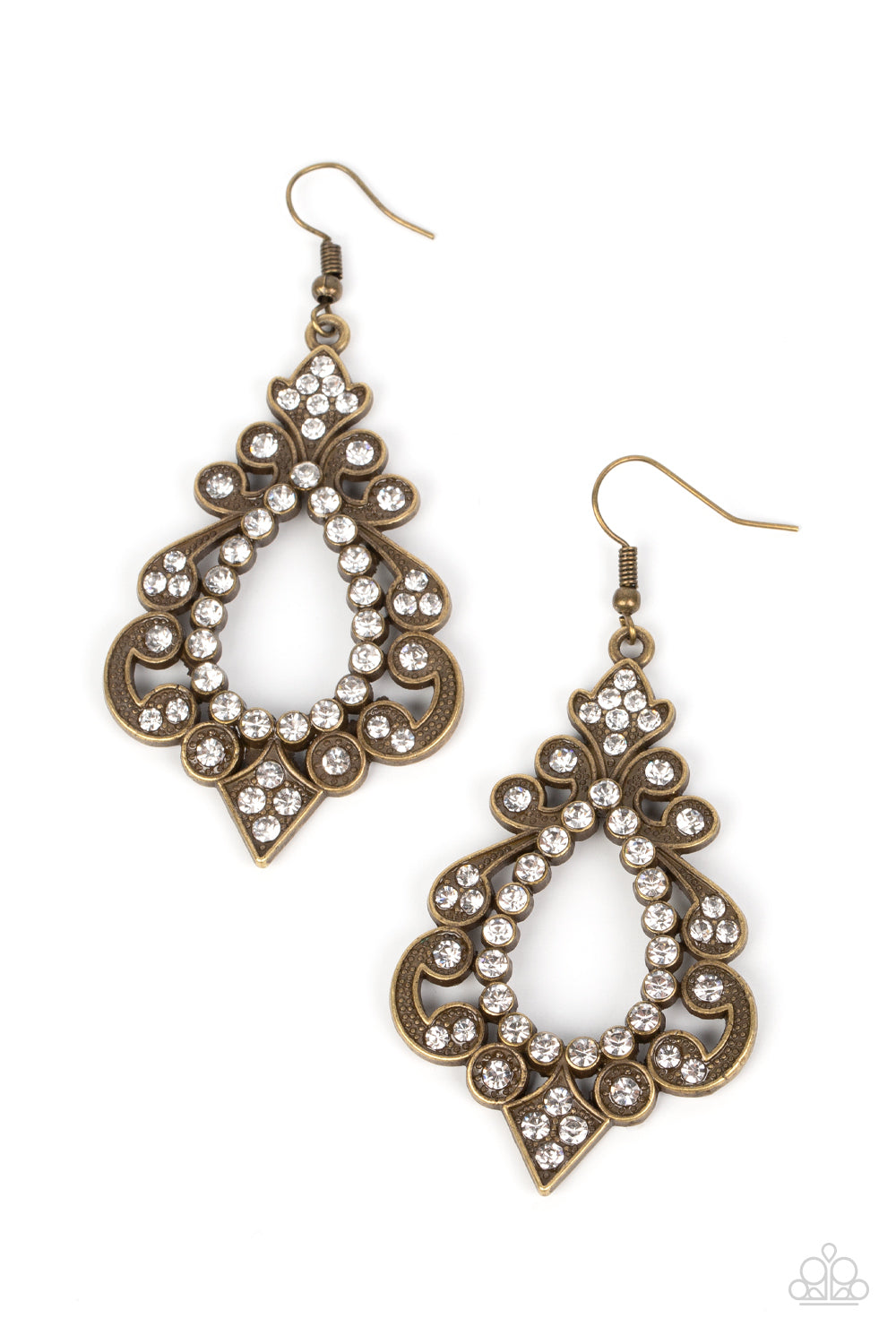 Fit for a DIVA - Brass White Rhinestone Filigree Earring Paparazzi E1522