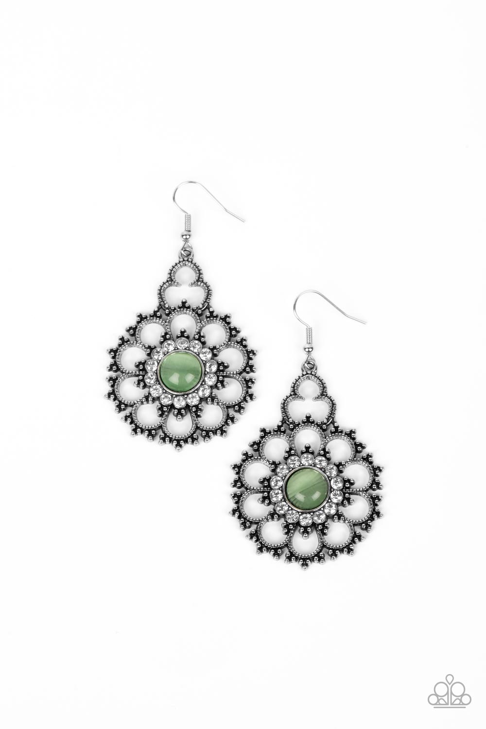 Floral Renaissance - Green Cat's Eye Stone White Rhinestone Flower Earring Paparazzi E1326