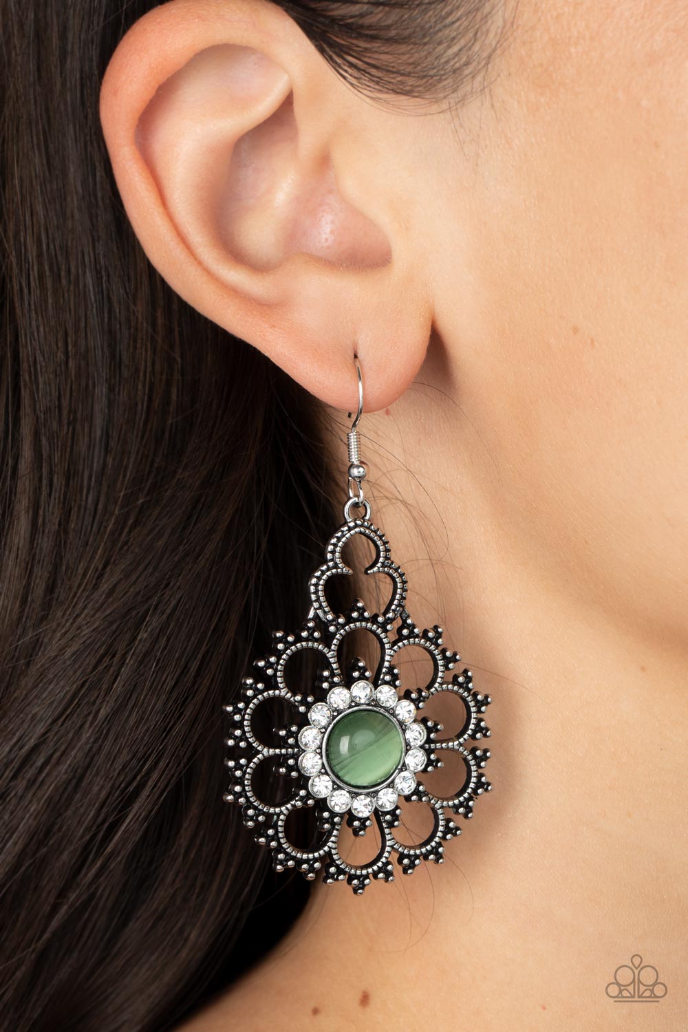 Floral Renaissance - Green Cat's Eye Stone White Rhinestone Flower Earring Paparazzi E1326