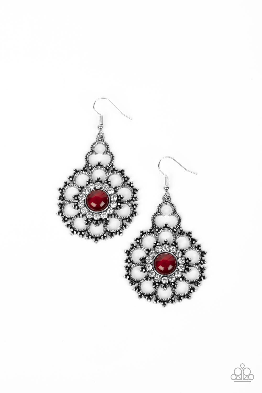 Floral Renaissance - Red Cat's Eye Stone White Rhinestone Floral Earring Paparazzi E1399