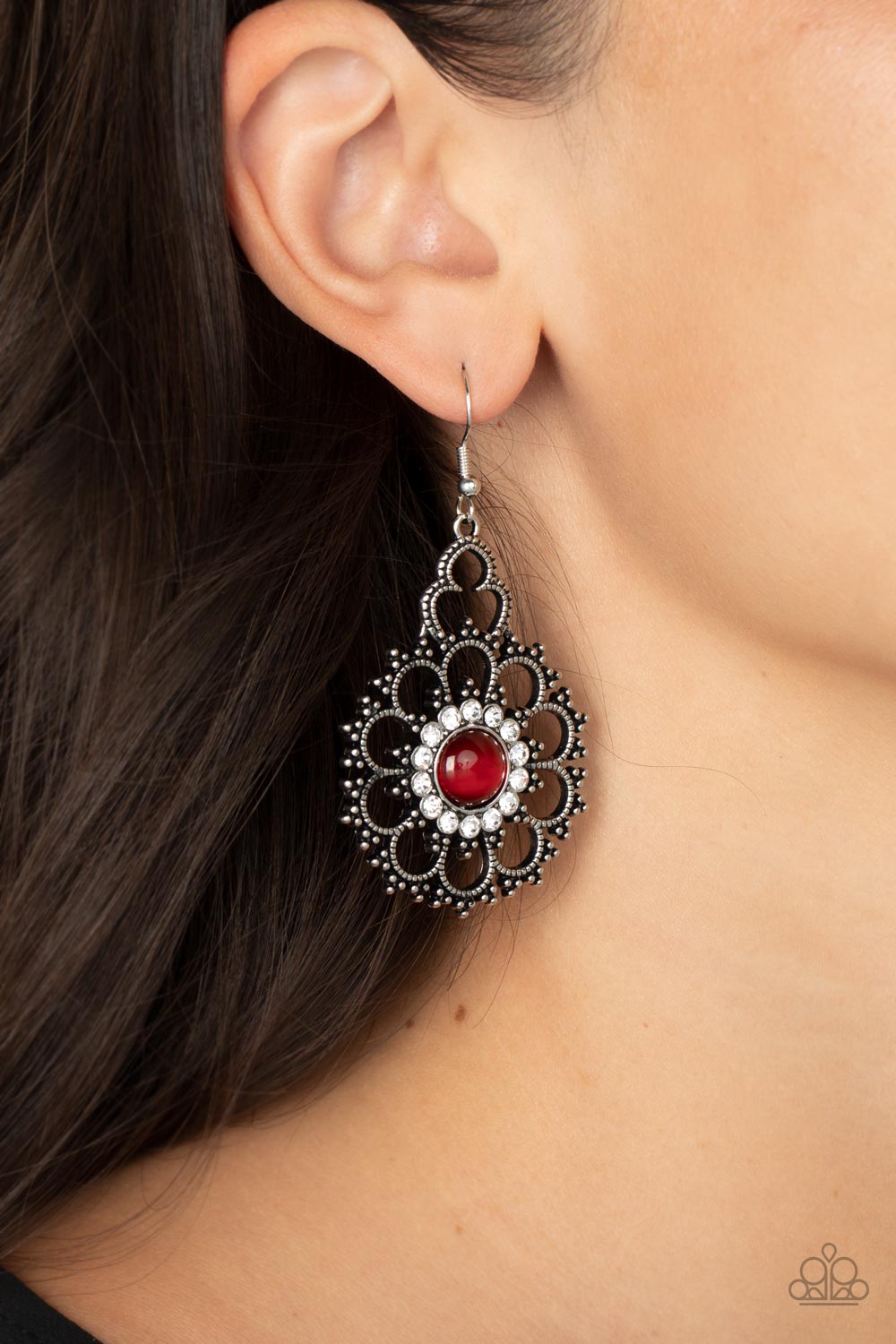 Floral Renaissance - Red Cat's Eye Stone White Rhinestone Floral Earring Paparazzi E1399