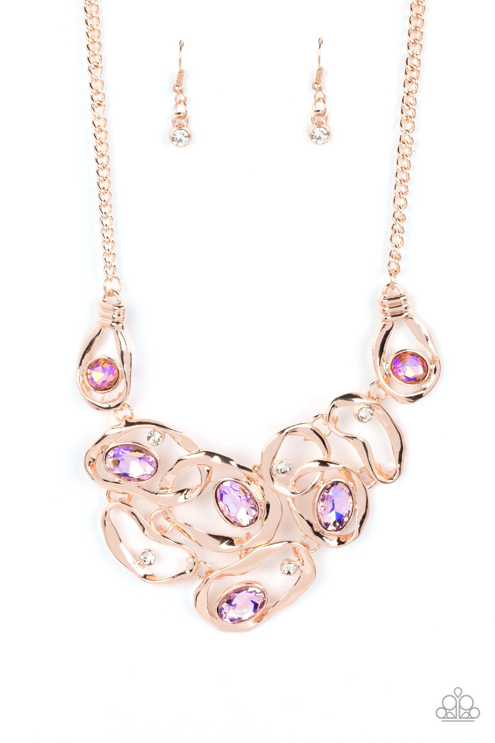 Warp Speed - Rose Gold White Rhinestone And Peach Iridescent Gem Necklace Life Of The Party July 2022 Paparazzi N01000