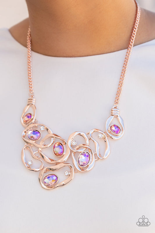 Warp Speed - Rose Gold White Rhinestone And Peach Iridescent Gem Necklace Life Of The Party July 2022 Paparazzi N01000